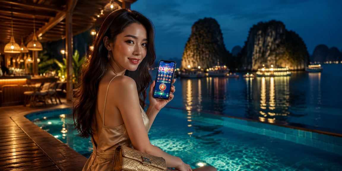 Người chơi thể thao trực tuyến tại vịnh Hạ Long với điện thoại và cà phê